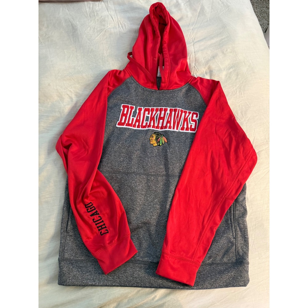 Chicago Blackhawks Hoodie Youth Large Gray Red Raglan NHL‎ Official Licensed